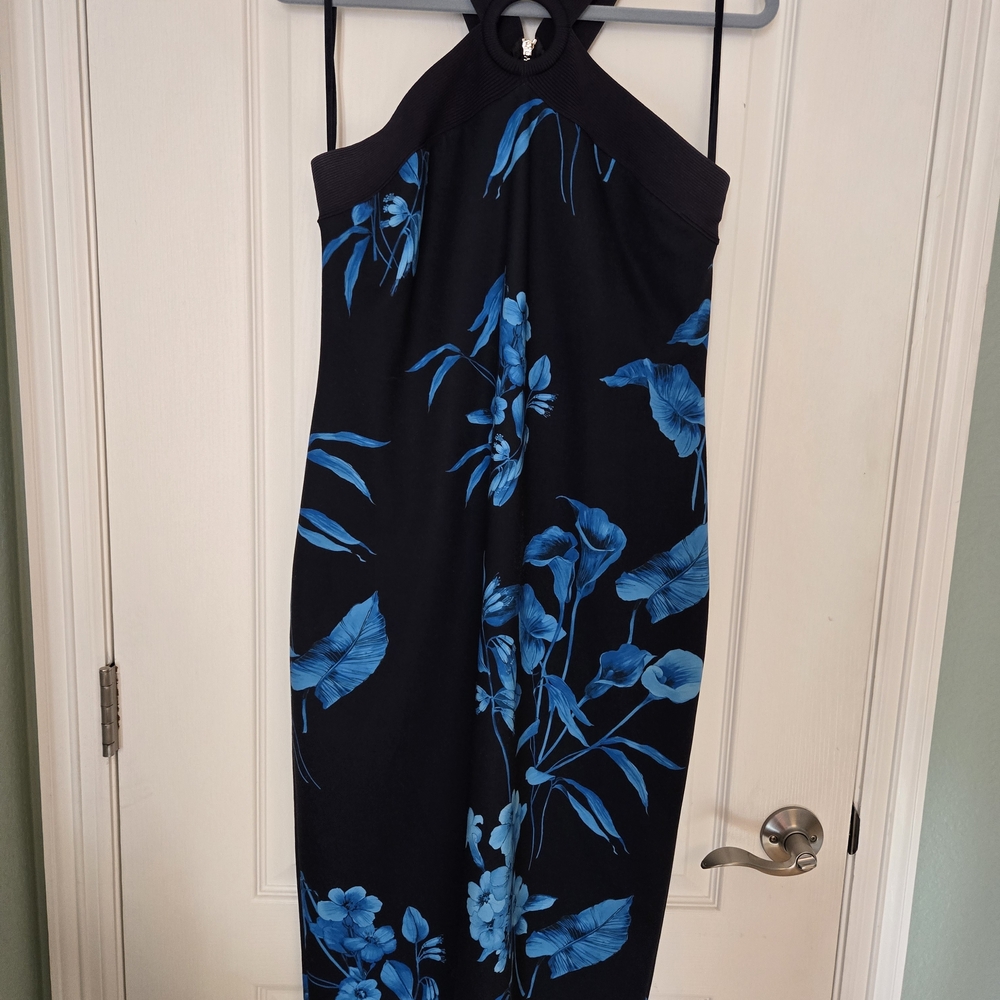 Ted Baker London Navy and Blue Floral Midi Dress. Form Fitting.